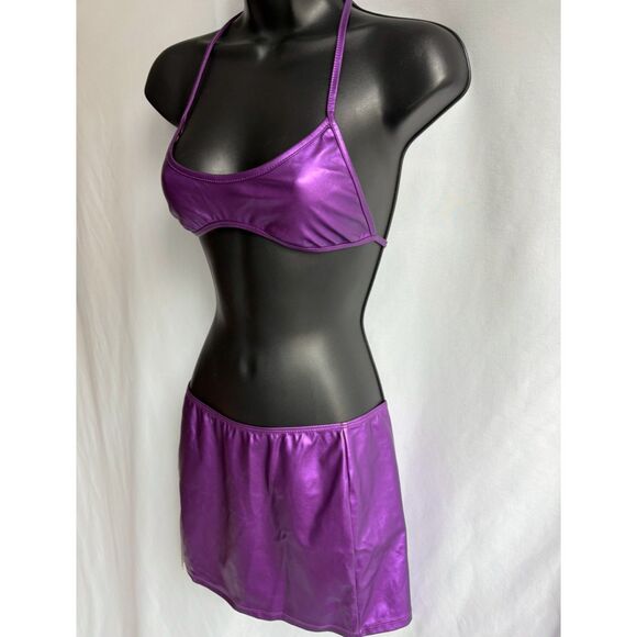 Two Piece Neon Purple Set Dancewear Festival Rave Fringe Skirt Top Futuristic M - Picture 3 of 11